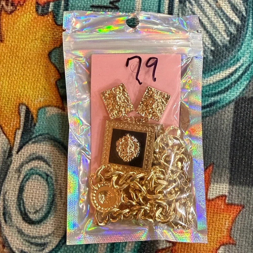 Lion Motif Gold Necklace & Earrings New Without Tags